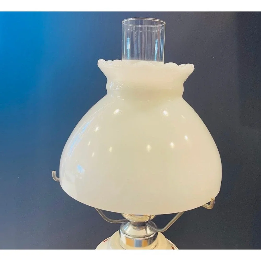 Vintage Hurricane Lamp White Red Floral Milk Glass Shade Electric 18 Inch Rose